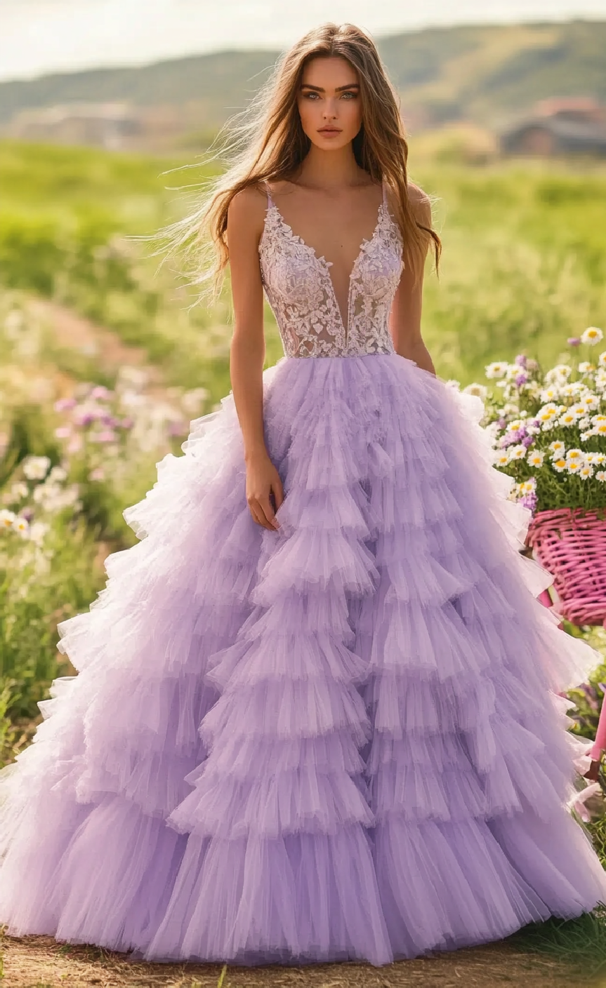 V Neck Straps Tulle Multi Ruffle Tiered Maxi Prom Dress