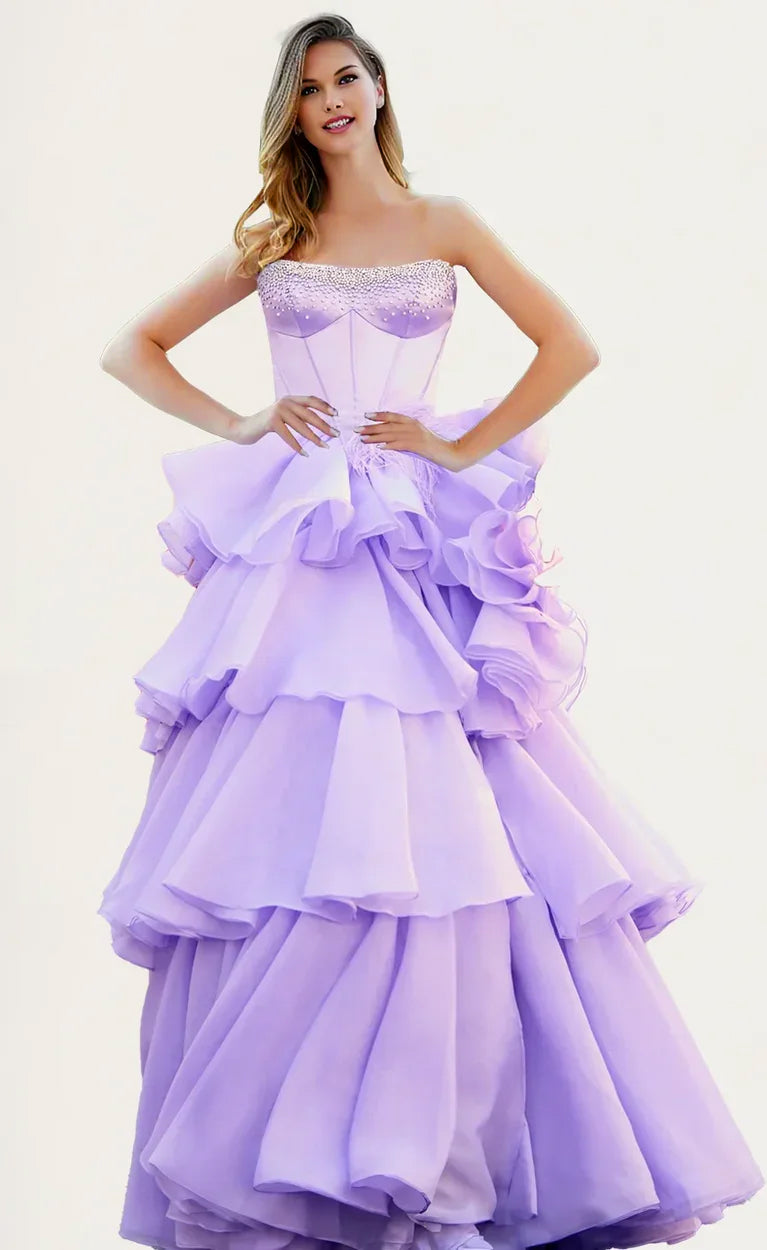 Sweetheart Sleeveless Corset Ruffled Trim Tiered Satin Organza Maxi Prom Dresses