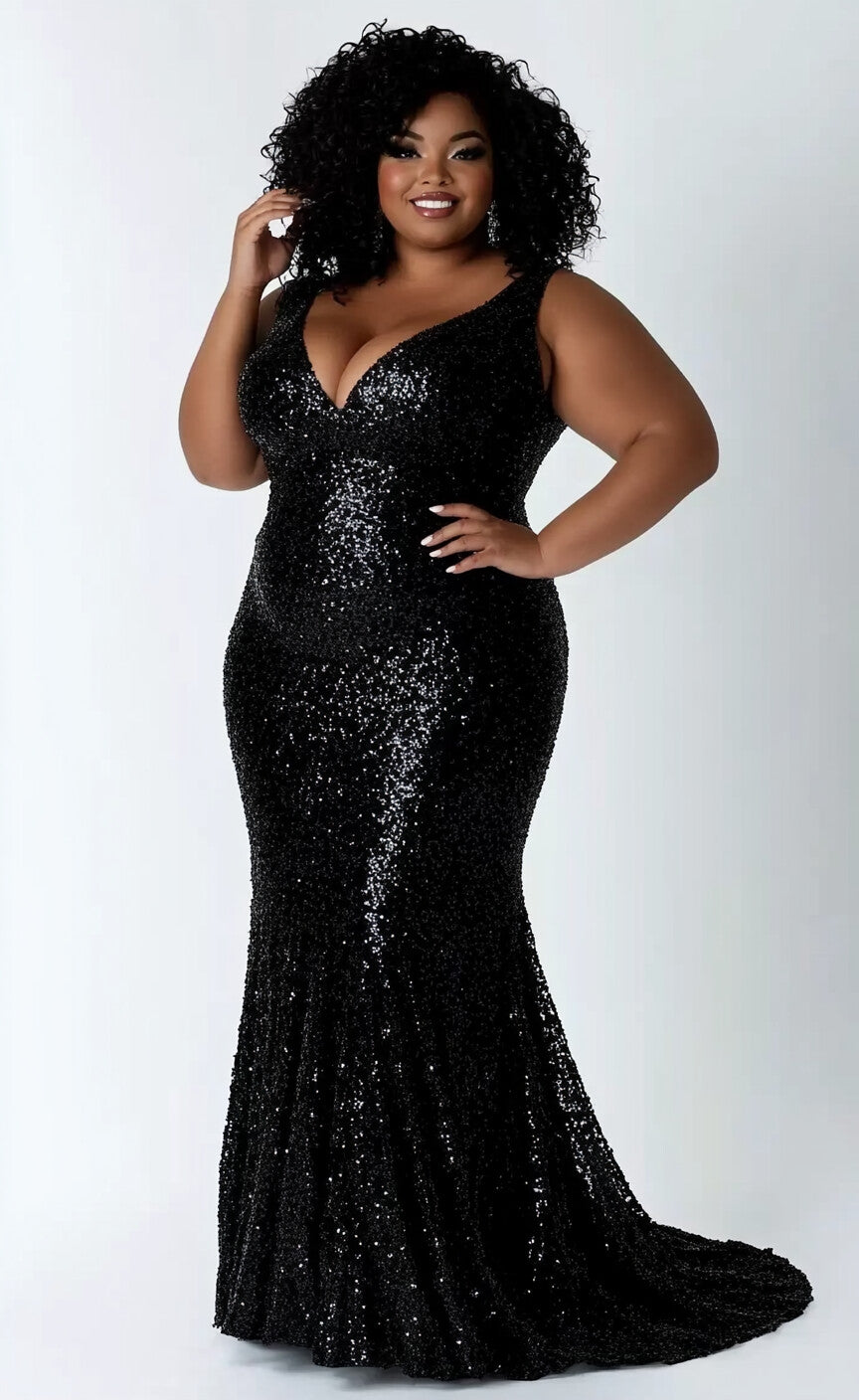 Plus Size V Neck Sleeveless Sequin Mermaid Floor Length Evening Party Dress