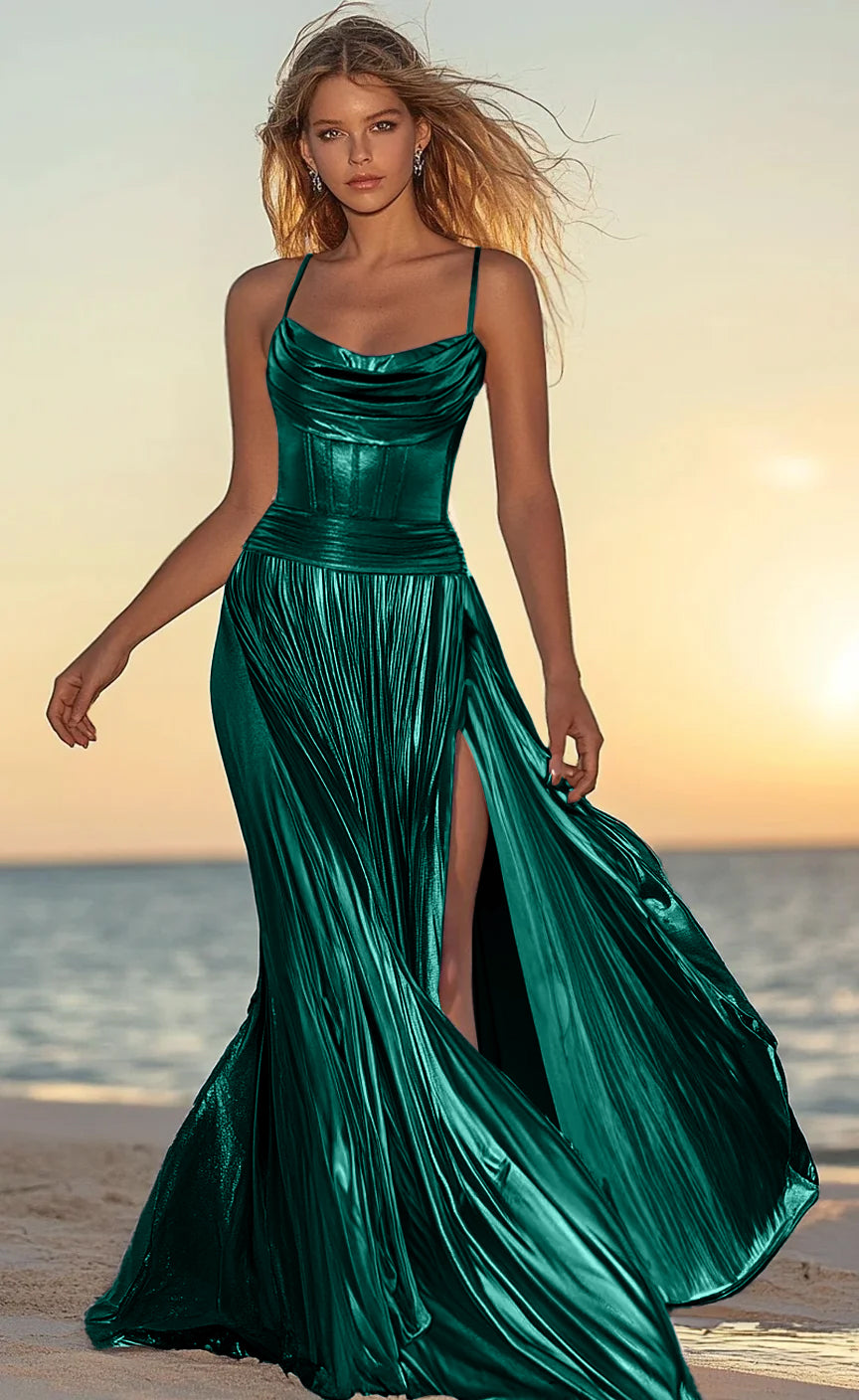 Cowl Neckline Sleeveless Metallic High Split Pleated Maxi Prom Dresses