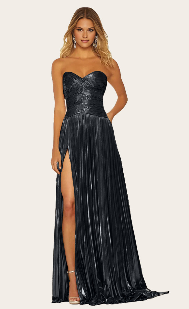 Sweetheart Neckline Strapless Metallic Pleated High Split Prom Dresses