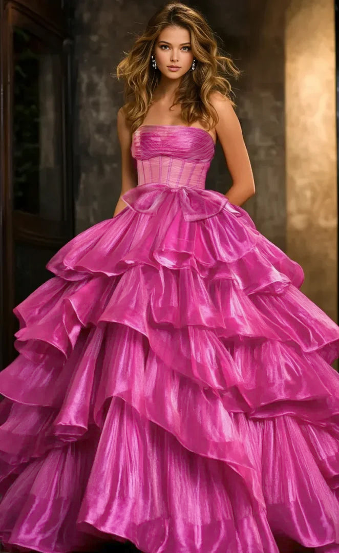 Sweetheart Neckline Sleeveless Organza A Line Bow Multi Tiered Ruffle Maxi Prom Dresses