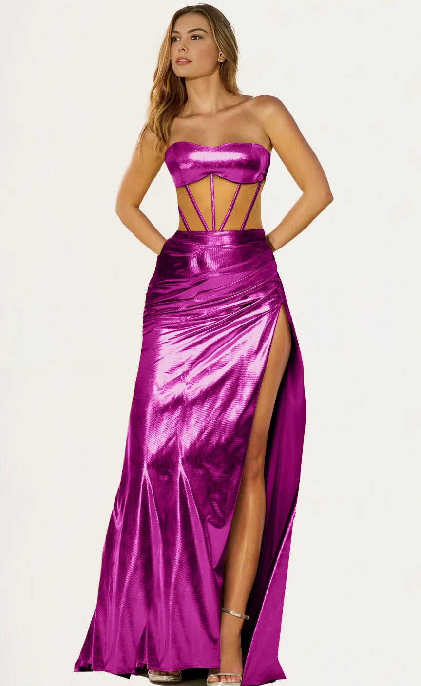 Stunning Metallic Gold Long Cutout Waist Side Slit Gown