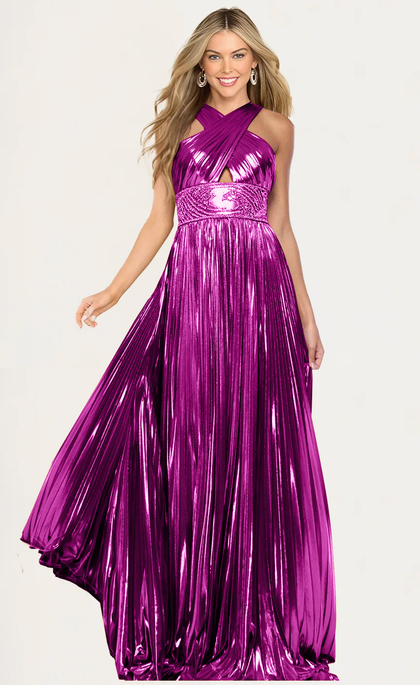 Golden Metallic Pleated Halter Glittering Waist Evening Dress