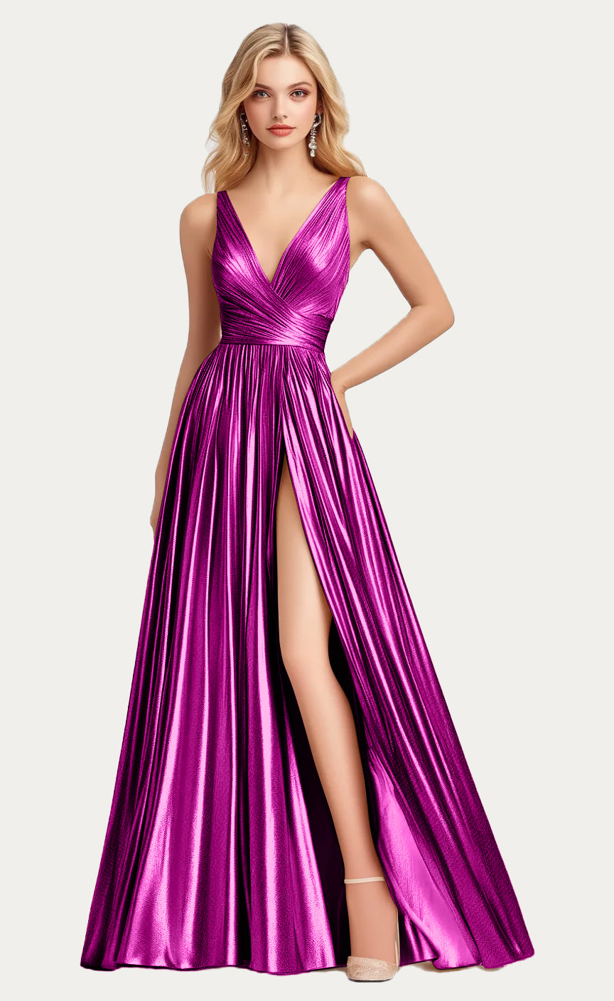 Elegant Metallic Pleated Sparkling V-neck A-line Dress