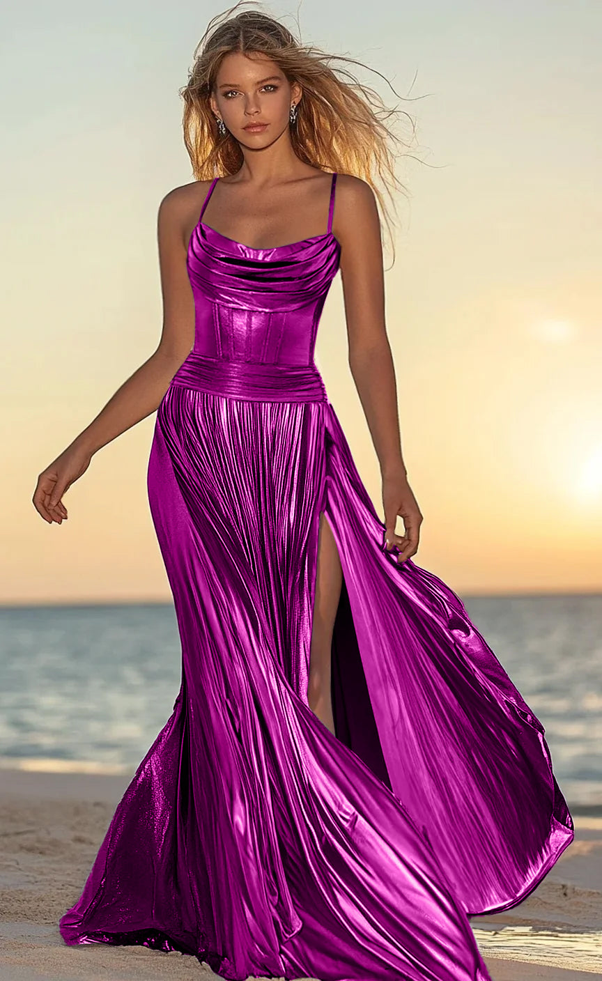 Cowl Neckline Sleeveless Metallic High Split Pleated Maxi Prom Dresses