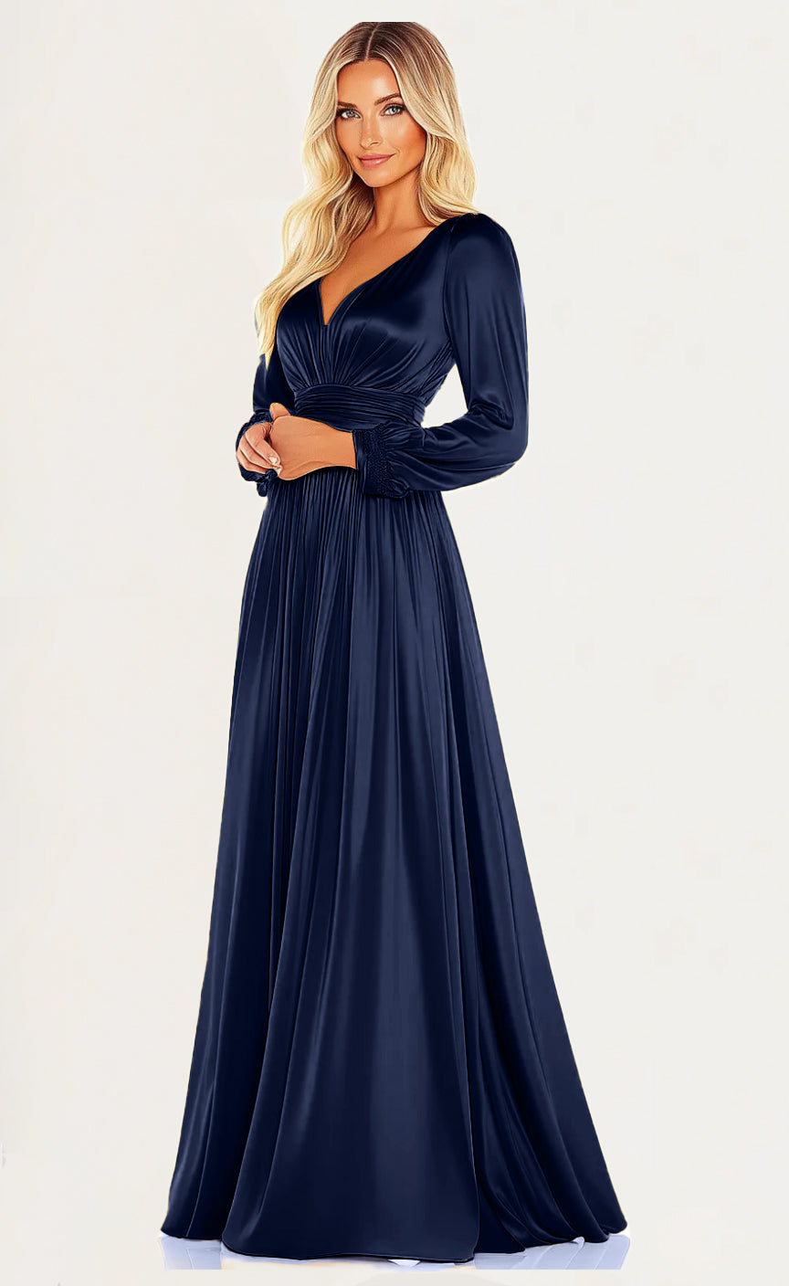 V Neck Long Sleeve Satin Pleated Maxi Mother Of the Bride Dresses