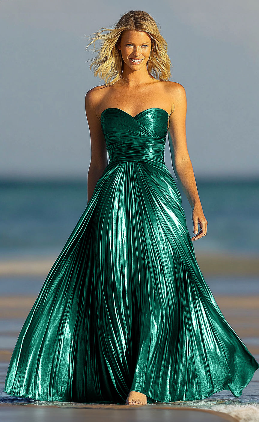 Sweetheart Neckline Strapless Metallic A-line Maxi Prom Dress