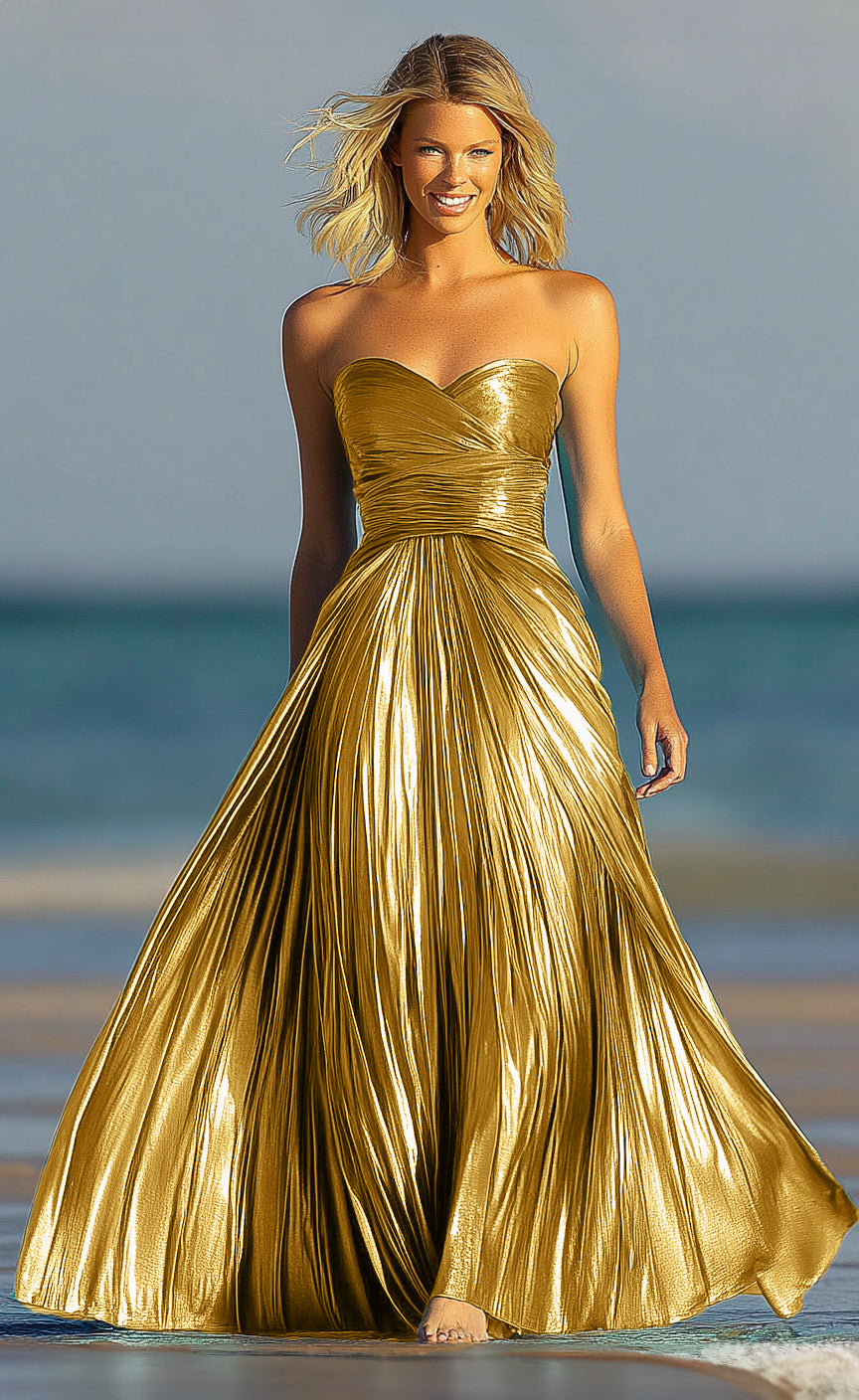 Sweetheart Neckline Strapless Metallic A-line Maxi Prom Dress