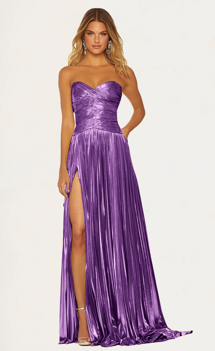 Sweetheart Neckline Strapless Metallic Pleated High Split Prom Dresses