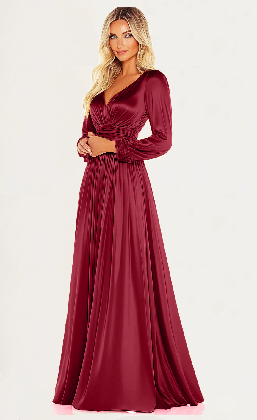 V Neck Long Sleeve Satin Pleated Maxi Mother Of the Bride Dresses