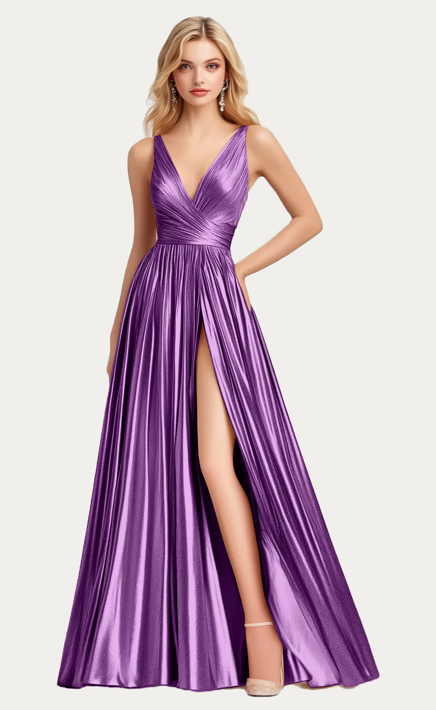 Elegant Metallic Pleated Sparkling V-neck A-line Dress