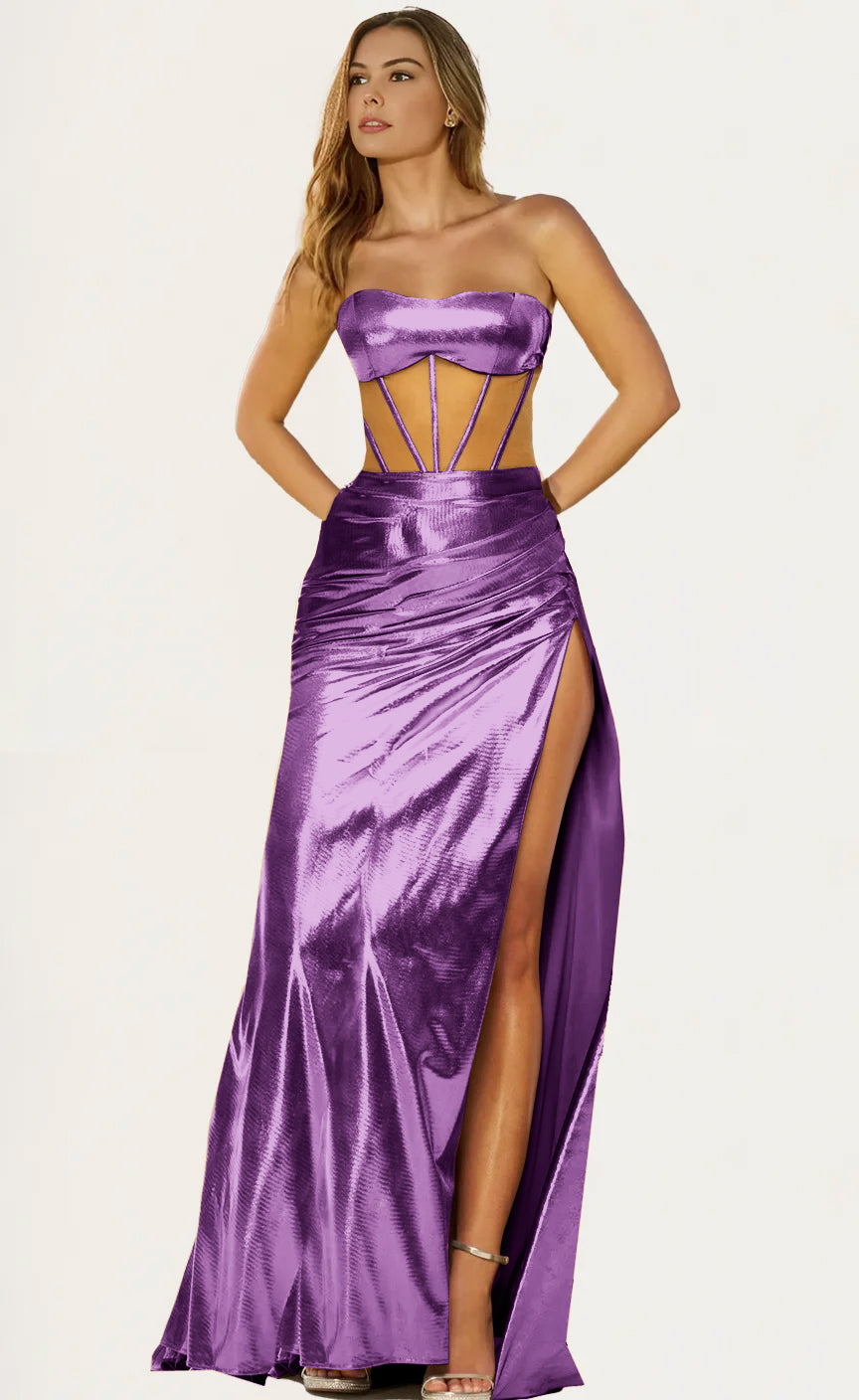 Stunning Metallic Gold Long Cutout Waist Side Slit Gown