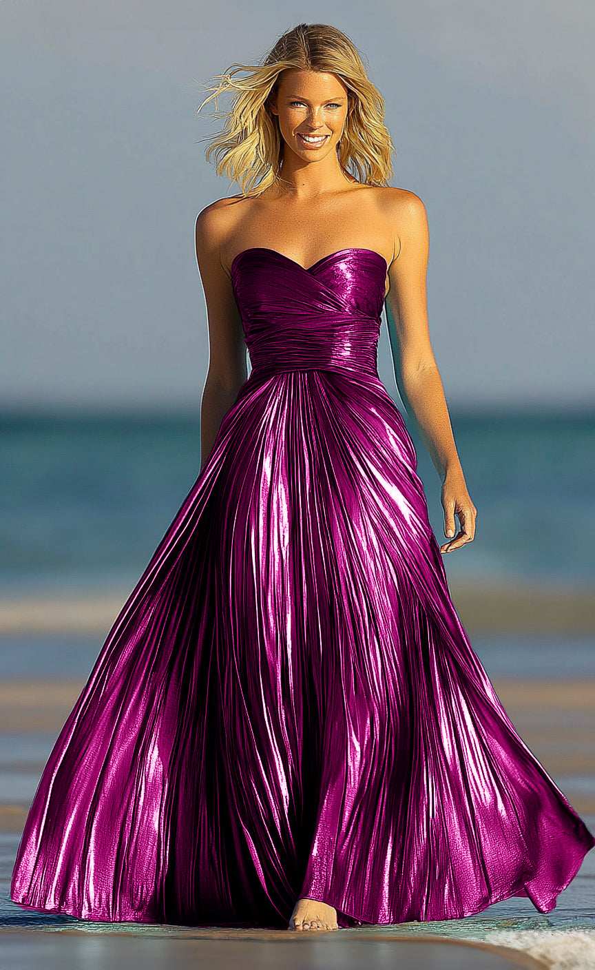 Sweetheart Neckline Strapless Metallic A-line Maxi Prom Dress