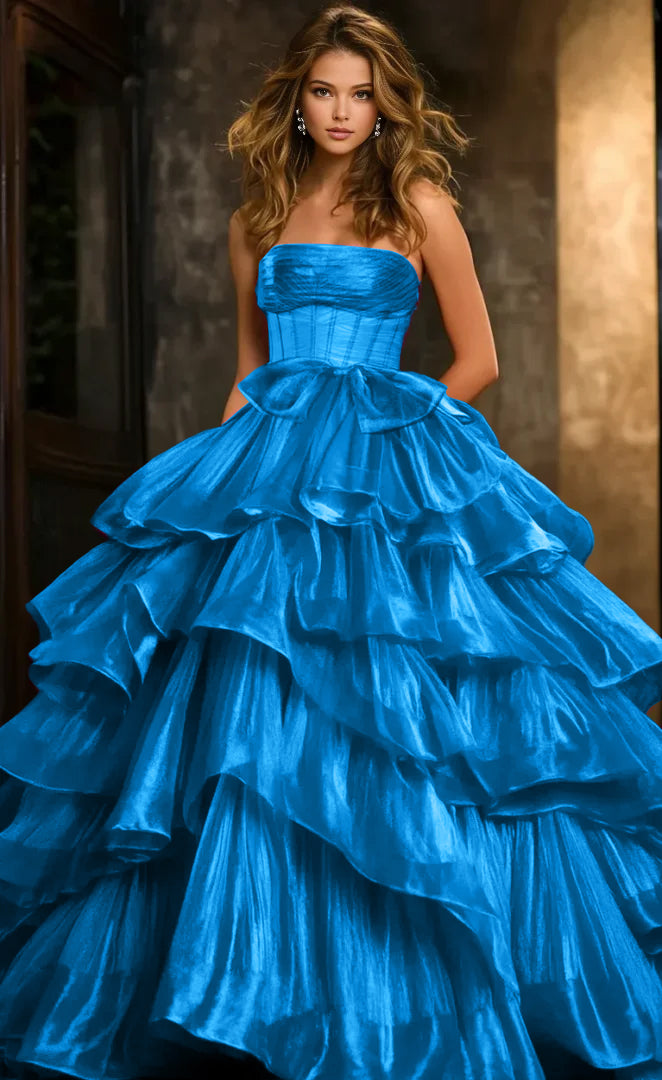 Sweetheart Neckline Sleeveless Organza A Line Bow Multi Tiered Ruffle Maxi Prom Dresses