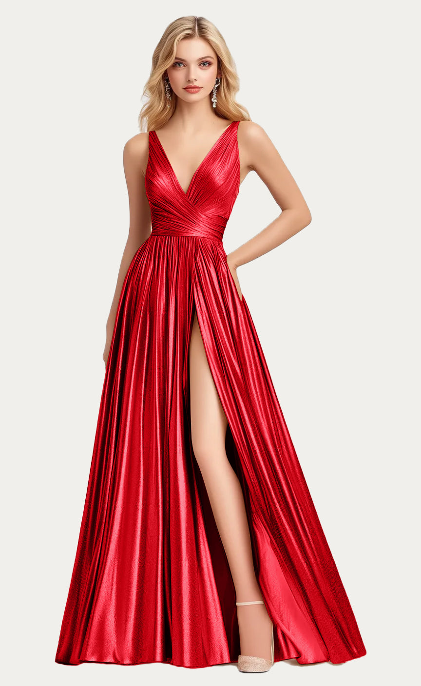 Elegant Metallic Pleated Sparkling V-neck A-line Dress