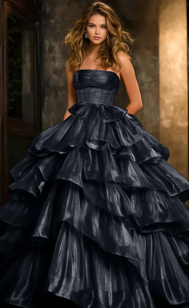 Sweetheart Neckline Sleeveless Organza A Line Bow Multi Tiered Ruffle Maxi Prom Dresses