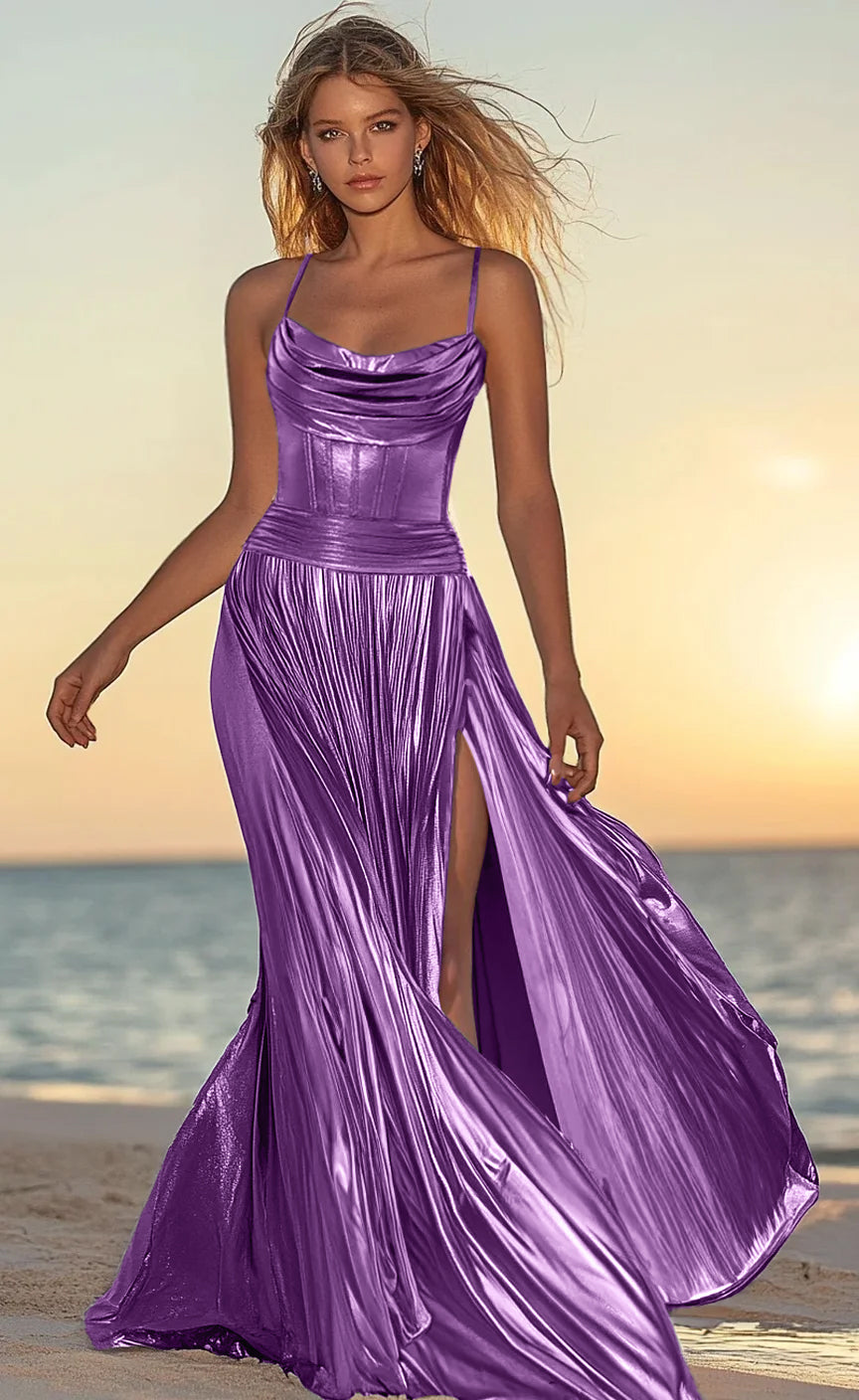 Cowl Neckline Sleeveless Metallic High Split Pleated Maxi Prom Dresses