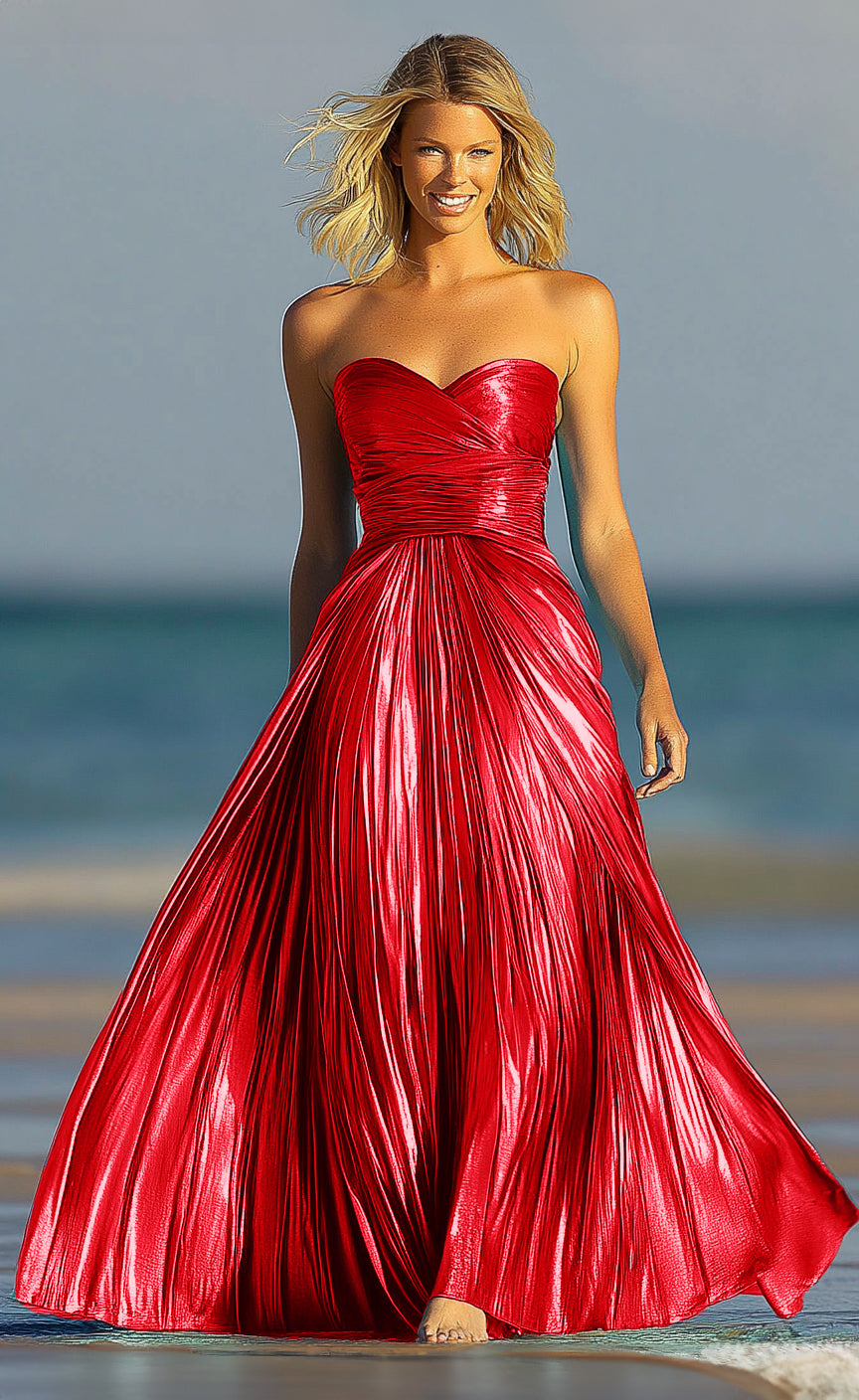 Sweetheart Neckline Strapless Metallic A-line Maxi Prom Dress