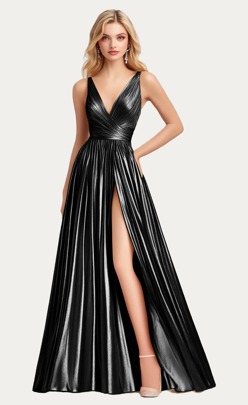 Elegant Metallic Pleated Sparkling V-neck A-line Dress