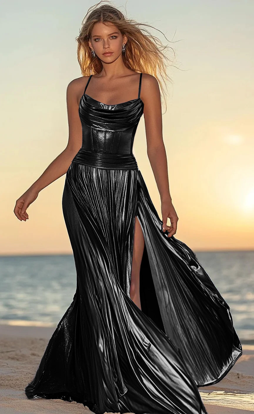 Cowl Neckline Sleeveless Metallic High Split Pleated Maxi Prom Dresses