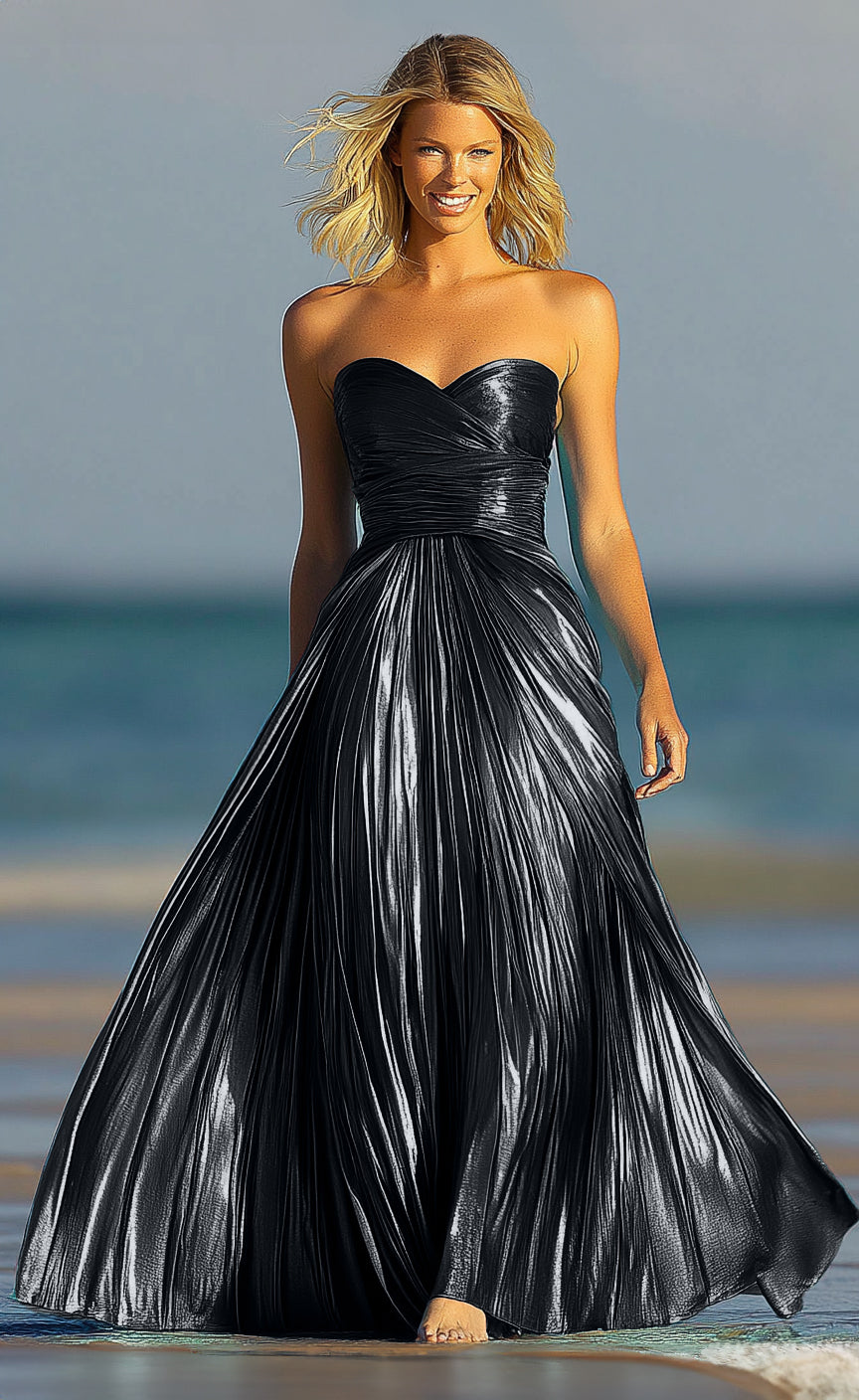 Sweetheart Neckline Strapless Metallic A-line Maxi Prom Dress